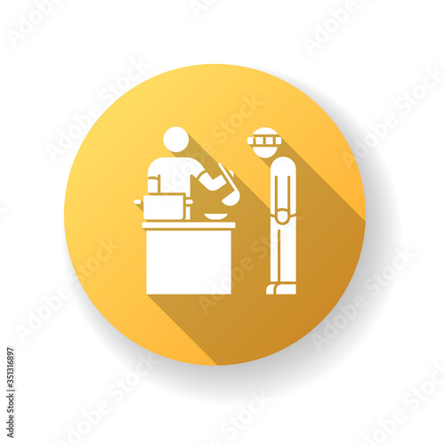 Food bank yellow flat design long shadow glyph icon. Humanitarian aid to homeless people. Volunteer to work at social service program. Public welfare activist. Silhouette RGB color illustration