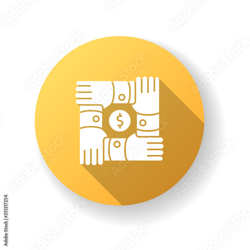 Community foundation yellow flat design long shadow glyph icon. Cooperation in team. Collaboration for social service. People support. Volunteer organization. Silhouette RGB color illustration
