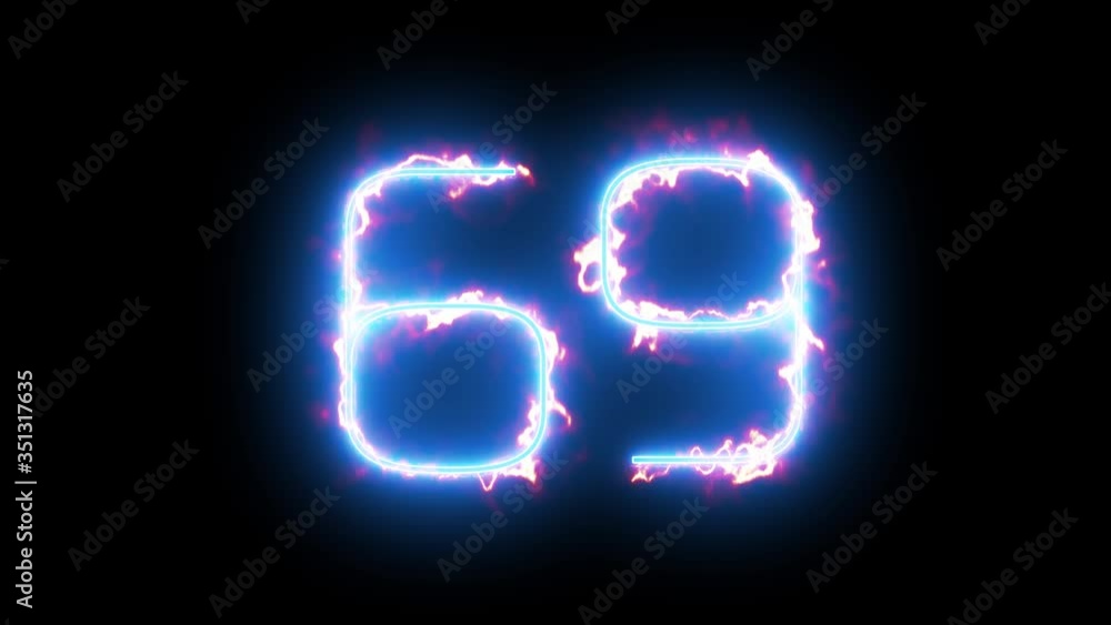 Blue lights form luminous numeral 69 on black background. Appears and disappears. Fiery style. 4k. Seamless loop. Blue lights form luminous numeral 69 on black background. Appears and disappears. Fiery style. 4k. Seamless loop.