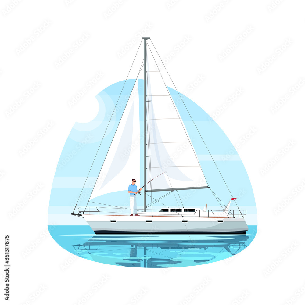 Fisherman on regatta semi flat vector illustration. Man fishing with rod on luxury ship. Person on boat. Private yacht for voyage. Summer recreation 2D cartoon characters for commercial use