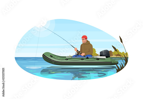 Fisherman sit in boat semi flat vector illustration. Man with road lure fish. Speed engine inflatable sailboat in freshwater. Summer recreation 2D cartoon characters for commercial use