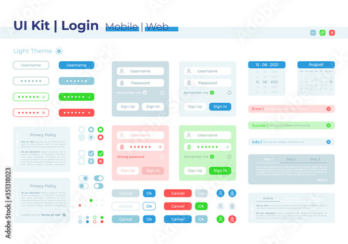Authorization UI elements kit. Enter password. Login isolated vector icon, bar and dashboard template. Web design widget collection for mobile application with light theme interface