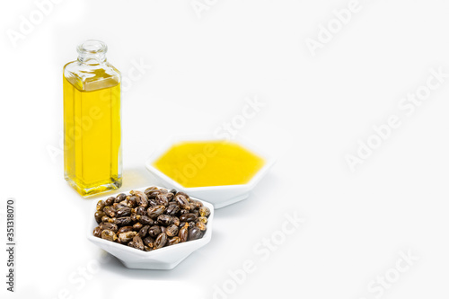 castor oil and grains in bowl isolated on white background