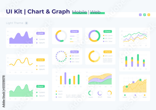 Graph UI elements kit. Finance report, statistic analysis. Chart isolated vector icon, bar and dashboard template. Web design widget collection for mobile application with light theme interface