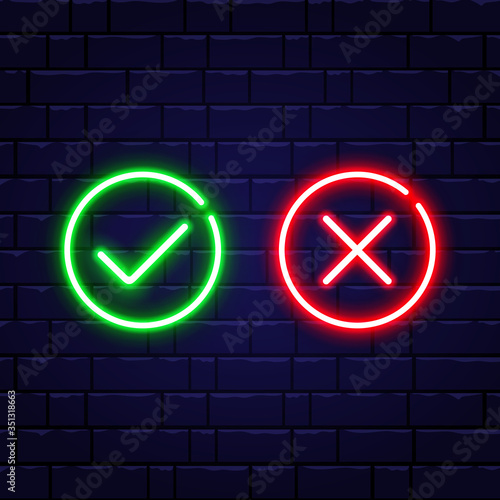 Neon check mark and red cross on brick wall. Accept and reject. Green tick and decline symbol in circle shapes. Right and wrong. Neon design for games, app,web. Vector illustration