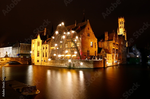Bruges, Belgium. The Rozenhoedkaai canal at night