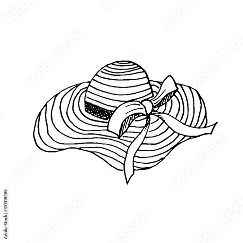 Summer woman straw striped hat with ribbon and bow. Hand drawn vector sketch in doodle realistic style. Concept of beach, suntan, fashion accessory, beauty, wardrobe, romantic figure.