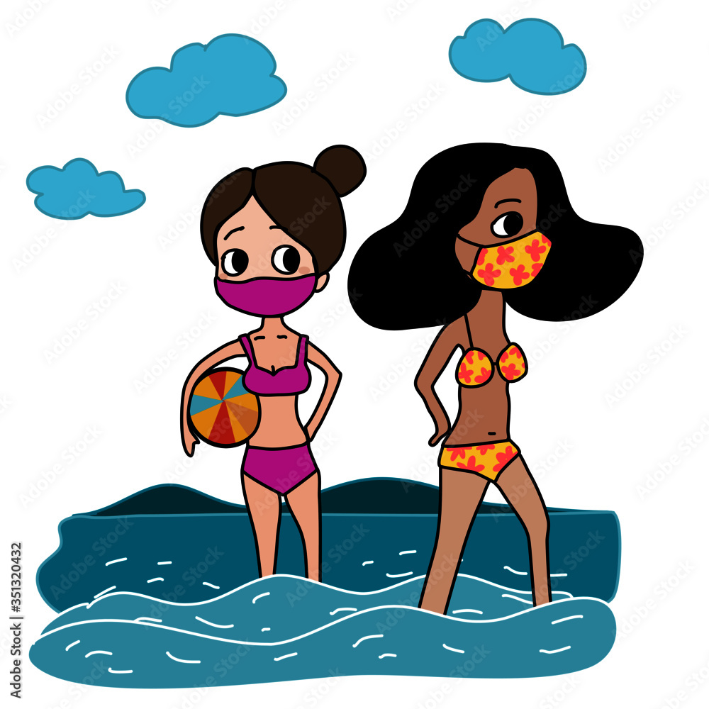 cute girls in bikini with face mask on the beach
