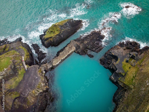 Aerial view of the Blue Lagoon near Abereiddy beach, near St David's, Pembrokeshire coastal path, Pembrokeshire, Wales, UK photo