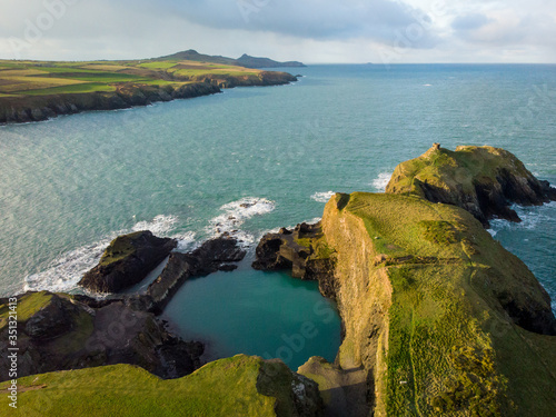 Aerial view of the Blue Lagoon near Abereiddy beach, near St David's, Pembrokeshire coastal path, Pembrokeshire, Wales, UK photo