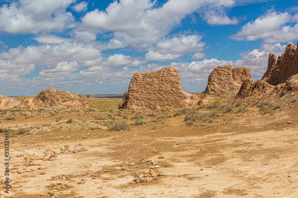 Eroded walls of Ayaz Qala fortress in Kyzylkum desert, Uzbekistan