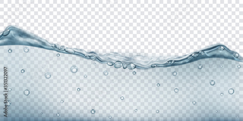 Translucent water wave in gray colors with air bubbles, isolated on transparent background. Transparency only in vector file