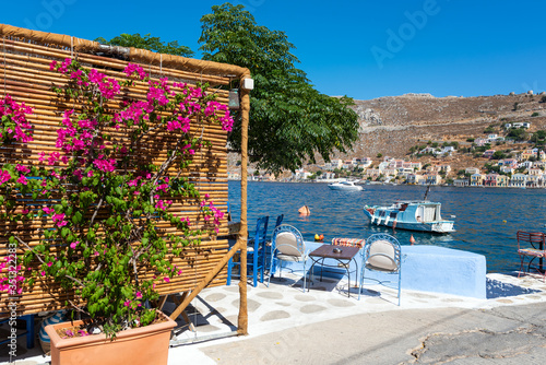 Bougainvillea flowers in street cafe, located near blue lagoon at Symi island, Greece