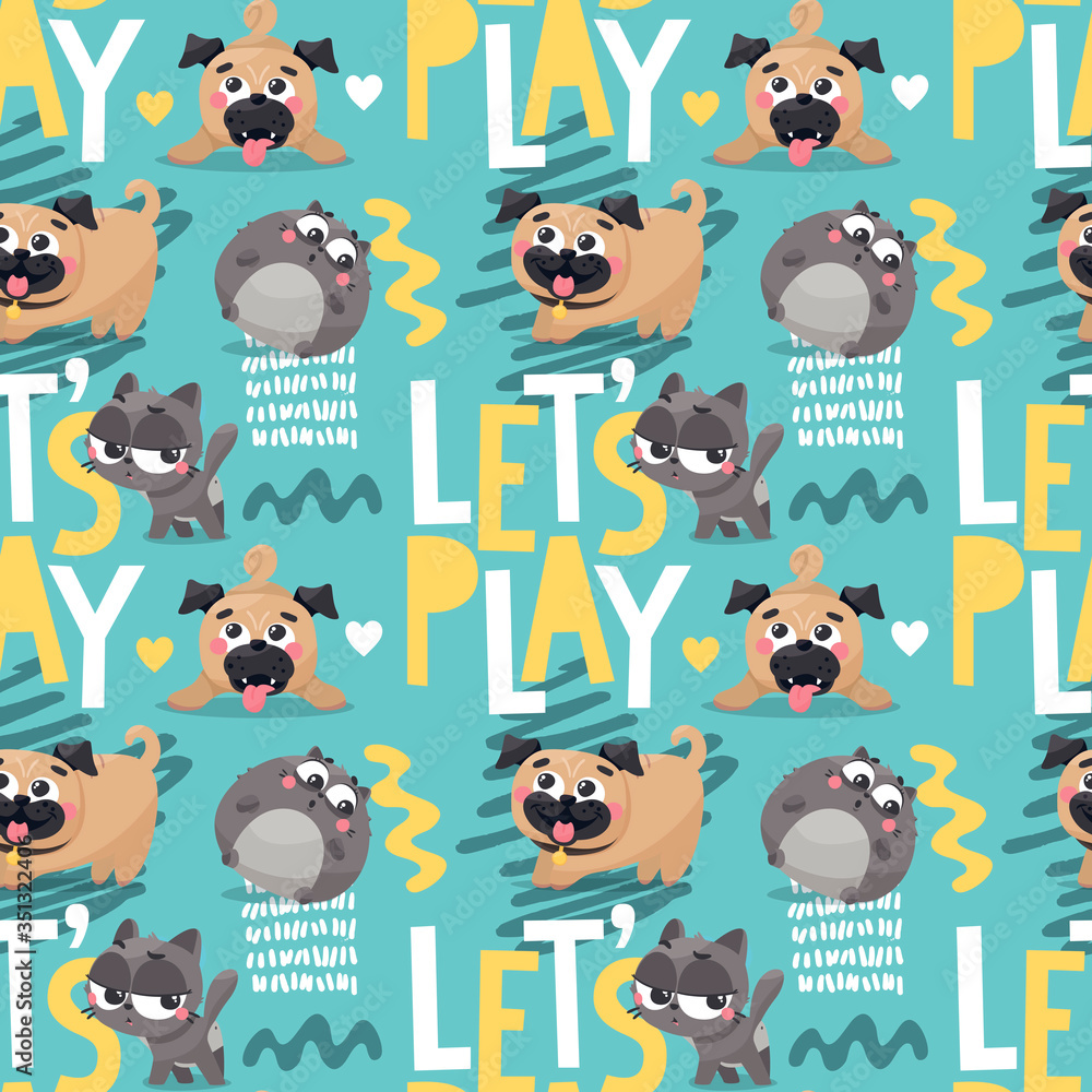 Obraz premium Seamless cute vector animal pattern with pug dogs , cats, Lets play