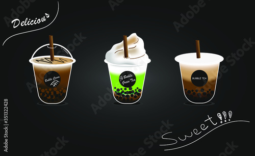 design collection of bubble milk tea, green tea and cocoa. Black pearl milk tea with chocolate is famous drink has a sweet, delicious flavor and has a pleasant aroma large size and small cup vector.