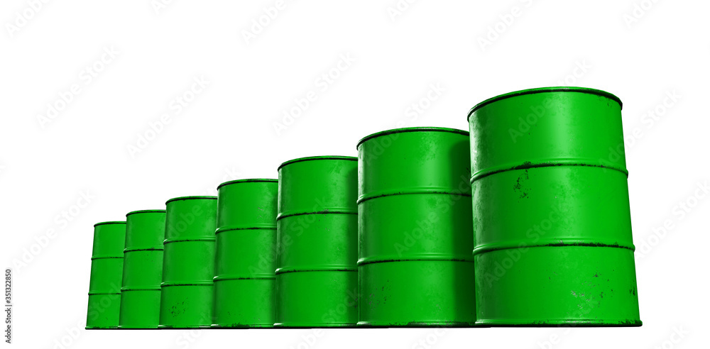3d rendering perspective seven green oil tanks isolated on white background , have clipping path. 3d rendering perspective seven green oil tanks isolated on white background , have clipping path.