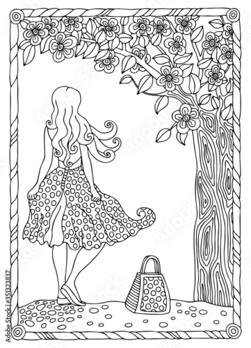 Beautiful girl with long hair standing under a blooming cherry tree. Hand drawn picture. Sketch for anti-stress adult coloring book in zen-tangle style. Vector illustration  for coloring page.