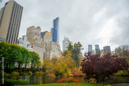 Fototapeta Naklejka Na Ścianę i Meble -  Multicolored leaves of trees in Central Park against a background of skyscrapers