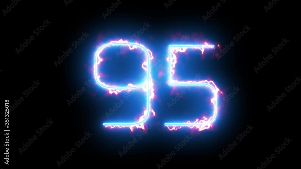 Blue lights form luminous numeral 95 on black background. Appears and disappears. Fiery style. 4k. Seamless loop. Blue lights form luminous numeral 95 on black background. Appears and disappears. Fiery style. 4k. Seamless loop.