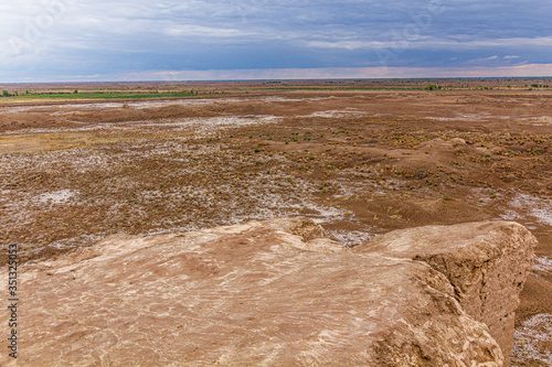 Land covered by salt in Kyzylkum desert, Uzbekistan photo