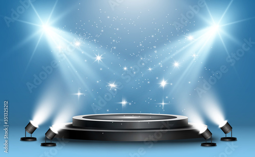 Winner background with signs of first, second and third place on a round pedestal. Vector winner podium sports symbols.