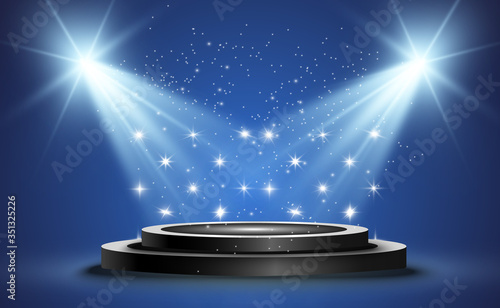Winner background with signs of first, second and third place on a round pedestal. Vector winner podium sports symbols.