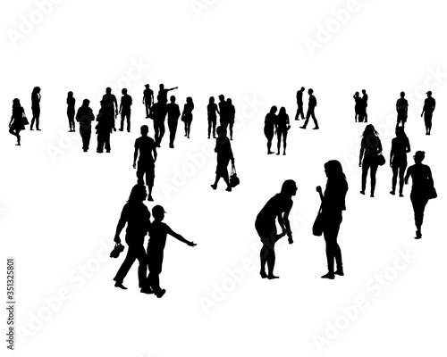 Young men and women on vacation. Isolated silhouettes on a white background