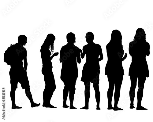 Young men and women on vacation. Isolated silhouettes on a white background