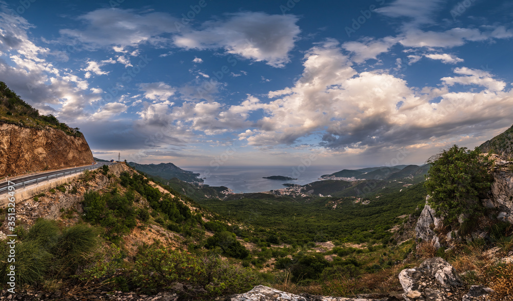 Budva riviera coastline. Montenegro. View from mountain pass top.
