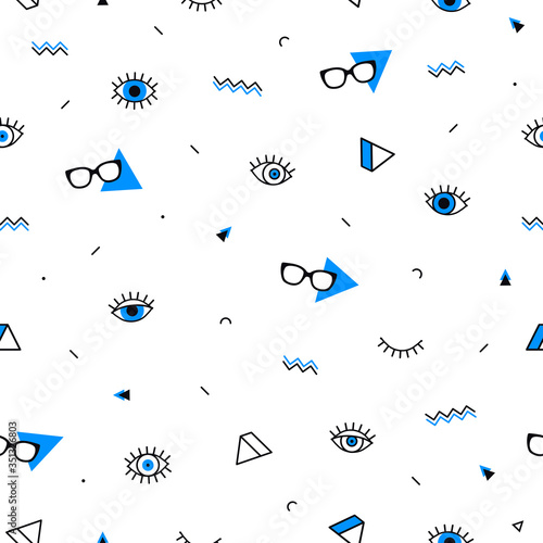 Glasses eyes seamless pattern on white background and geometric shapes in memphis style. Eyeglasses. Vector illustration. Fashion background in minimal design.