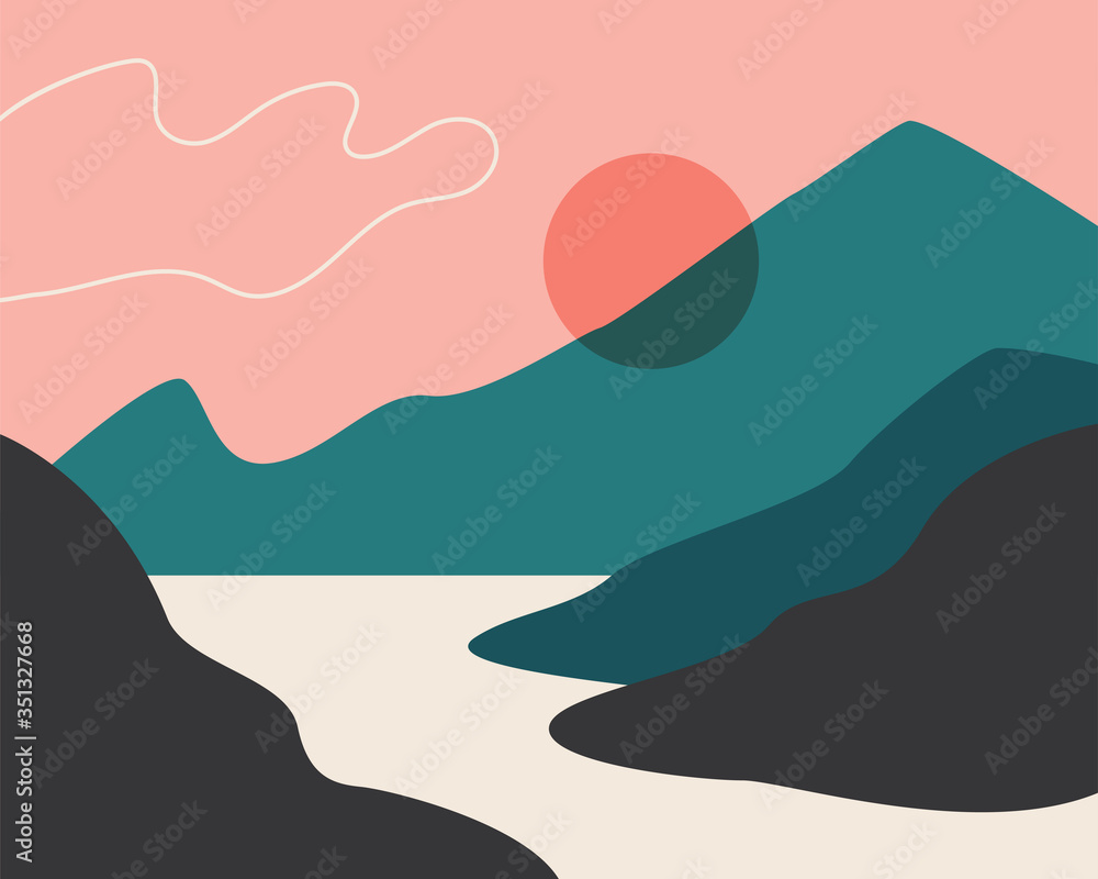Abstract landscape. Sun, mountains, clouds. Japanese motives. Asian design. Background with space for text, vector illustration, banner, poster