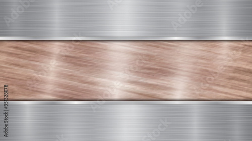 Background consisting of a bronze shiny metallic surface and two horizontal polished silver plates located above and below, with a metal texture, glares and burnished edges