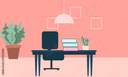 Modern Office with Furniture and Plant on the Floor. Workplace Interior Flat Vector Illustration.
