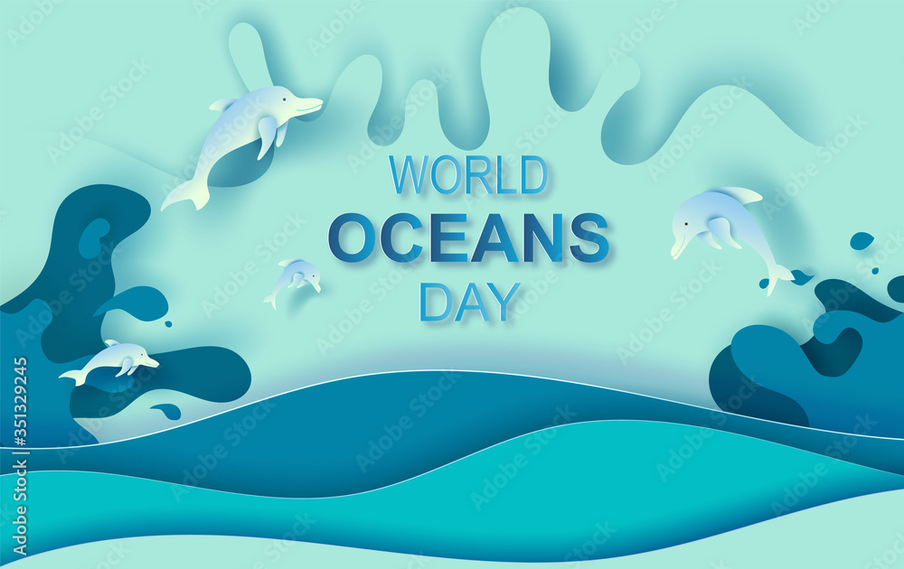Naklejka premium Paper art and cut concept of World Oceans Day. Celebration dedicated to help protect sea earth and conserve water ecosystem. Blue origami craft paper of sea waves.Dolphins are jumping happily in sea.