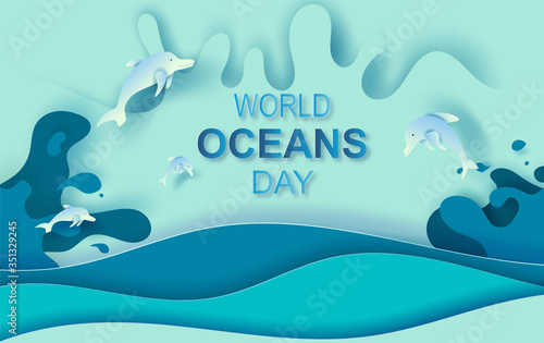 Paper art and cut concept of World Oceans Day. Celebration dedicated to help protect sea earth and conserve water ecosystem. Blue origami craft paper of sea waves.Dolphins are jumping happily in sea.