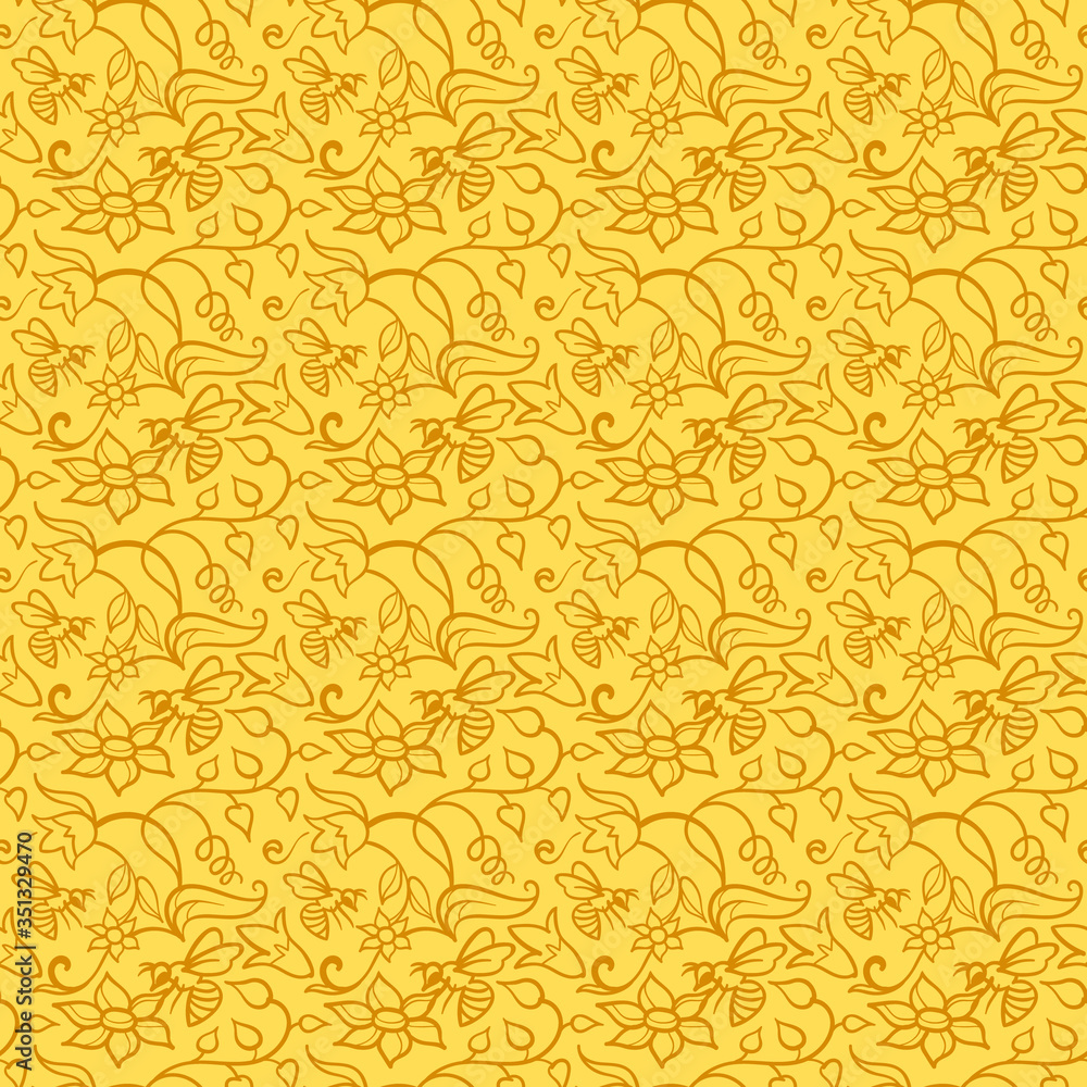 Fototapeta Seamless pattern with flowers and bees. Beautiful linear yellow abstract background.