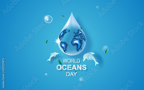 Drop of water concept of World Oceans Day. Celebration dedicated to help protect sea earth and conserve water ecosystem. Blue origami craft paper of sea waves.Underwater poster background vector.