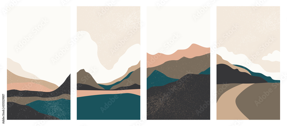 Landscape background with texture, vector. Geometric template in Japanese style. Abstract landscape with mountains. A set of backgrounds with abstract landscapes. Layouts for social networks, posters
