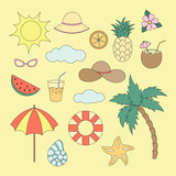 Set of different summer objects isolated on yellow background. Summer collection. Color sketch. Vector illustration