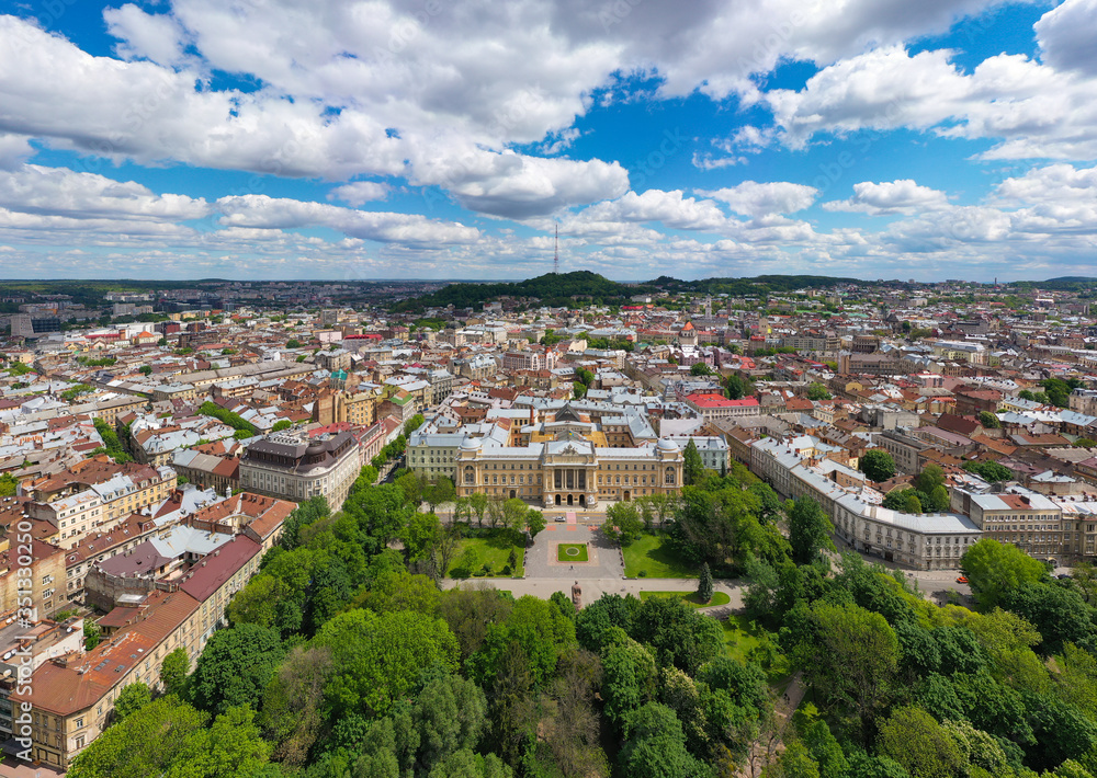 Aerial veiw on Ivan Franko National University of Lviv from drone
