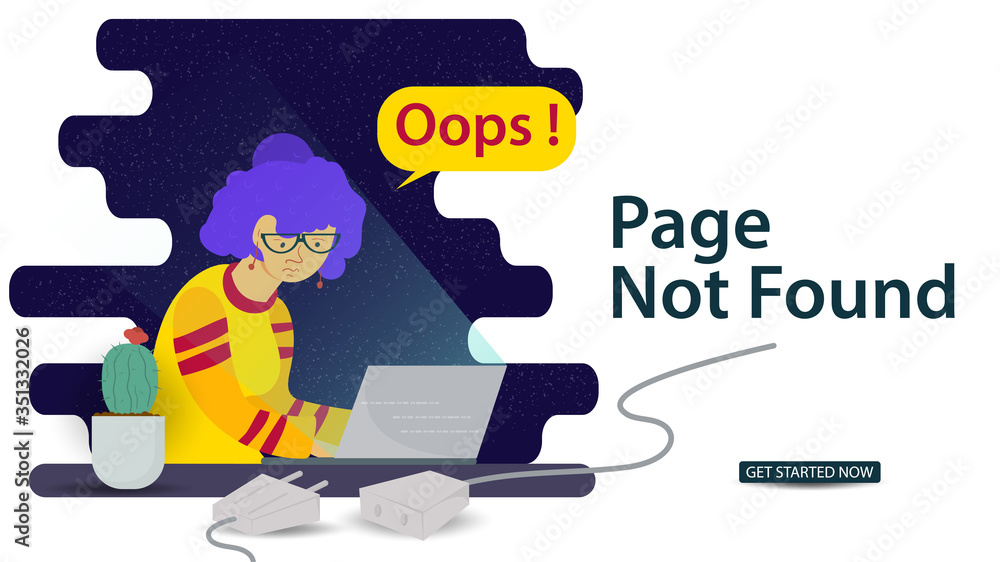 Banner Oops 404 error page not found Internet connection problems Girl with glasses looking at laptop for websites and mobile apps Flat vector illustration