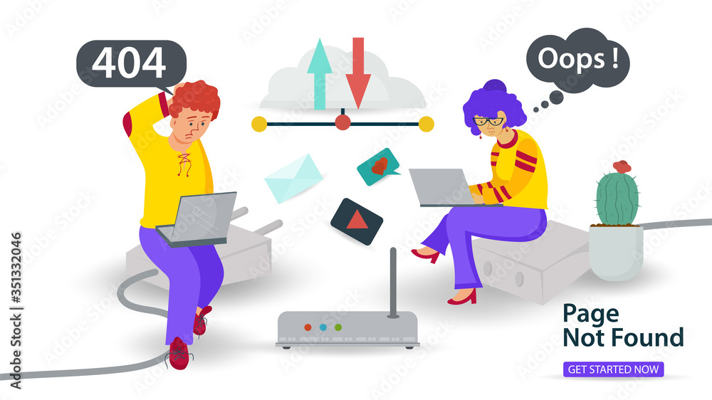 Banner Oops 404 error page not found Internet connection problems guy and girl with laptops sitting on cable for websites and mobile apps Flat vector illustration Banner Oops 404 error page not found Internet connection problems guy and girl with laptops sitting on cable for websites and mobile apps Flat vector illustration