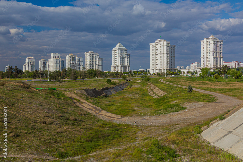 Marble-clad buildings of modern Ashgabat, Turkmenistan Marble-clad buildings of modern Ashgabat, Turkmenistan