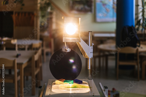 Canvastavla Schooling concept: Retro overhead projector in classroom, educational system