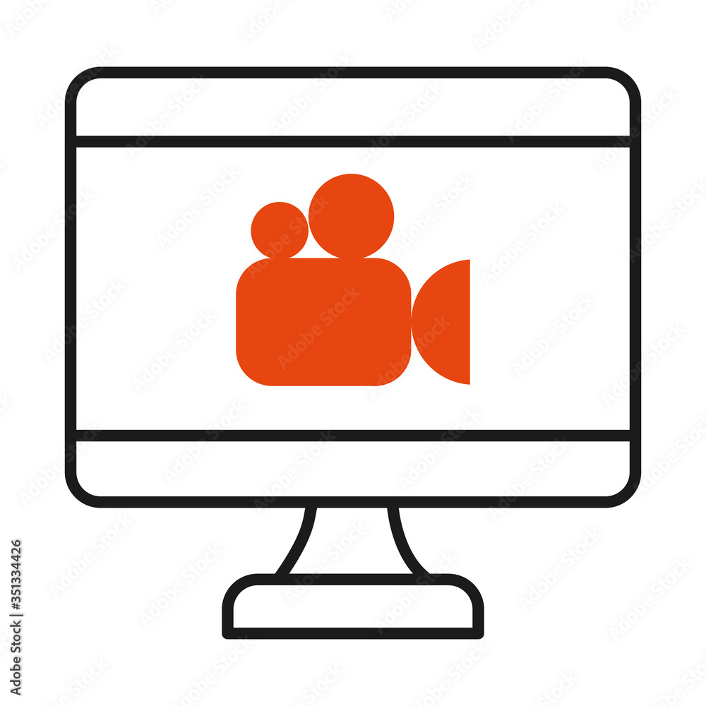 online learning concept, computer with video camera icon on screen, half line half color style online learning concept, computer with video camera icon on screen, half line half color style
