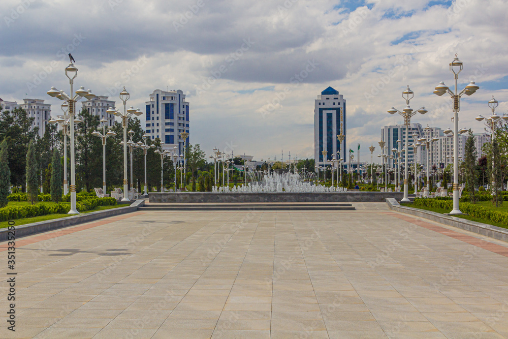 Altyn Asyr Park with a fountain in Ashgabat, capital of Turkmenistan