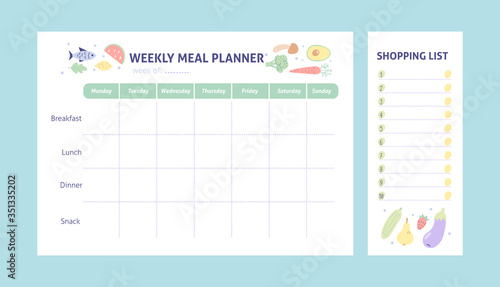 Weekly meal planner and shopping list for organize. Healthy meal plan for diet and food. Vector Printable Template. 