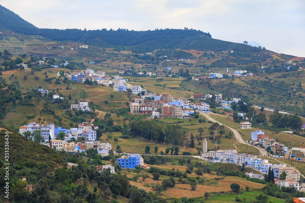 View of the suburbs of Chefchaouen, Morocco. The city, also known as Chaouen is noted for its buildings in shades of blue and that makes Chefchaouen very attractive to visitors.
