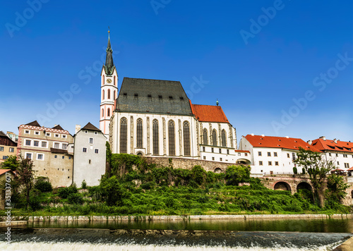 St. Vitus cathedral on the banks of the Vltava river in Czech Krumlov, Czech Republic