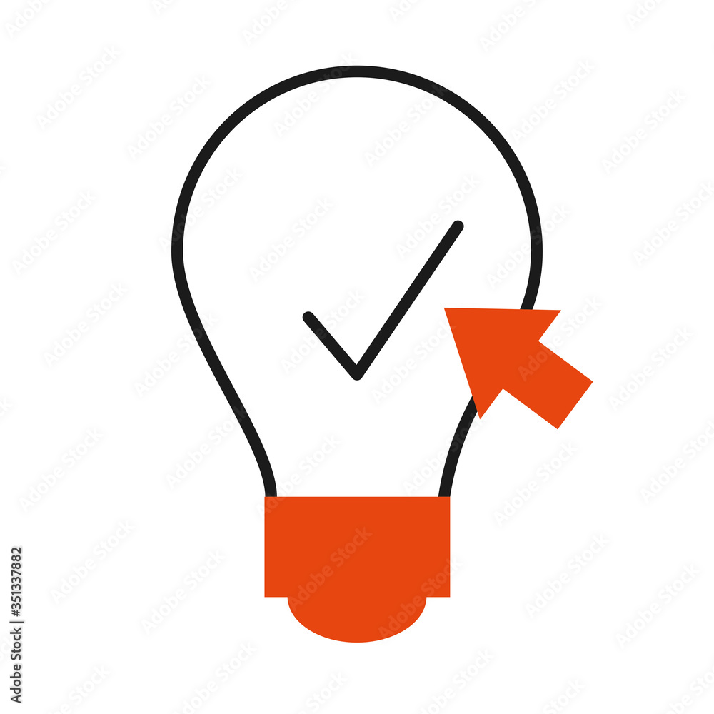 online learning concept, idea bulb with check mark and web cursor icon, half line half color style online learning concept, idea bulb with check mark and web cursor icon, half line half color style